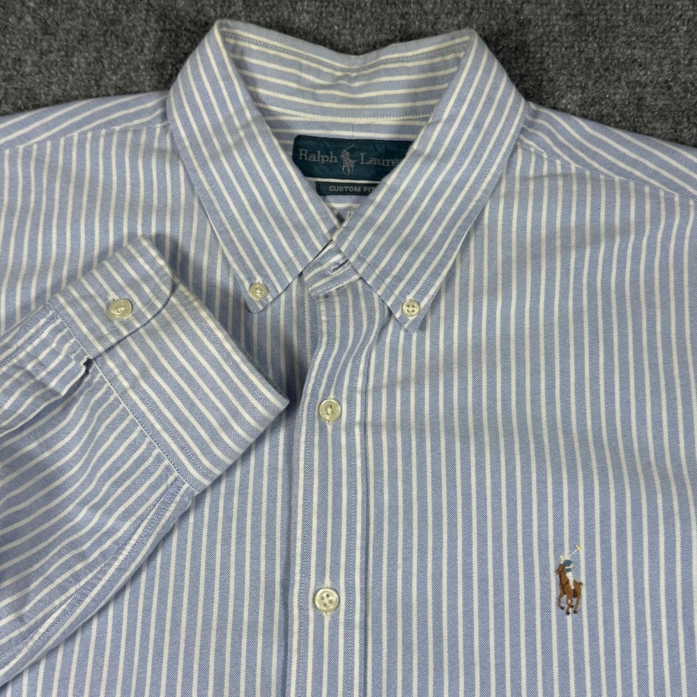 Ralph Lauren Mens Blue White Striped Oxford Custom Fit button Down Shirt Logo L